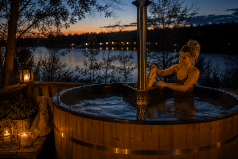 Une femme se détend dans un jacuzzi en bois à la tombée de la nuit, avec des bougies et des lanternes créant une atmosphère chaleureuse. Un lac et des arbres sont visibles à l'arrière-plan sous un ciel coloré au coucher du soleil.