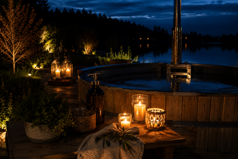 Un jacuzzi extérieur confortable, la nuit, entouré de bougies, de lanternes et de plantes en pot sur une terrasse en bois au bord d'un lac calme, créant une atmosphère chaleureuse et relaxante.