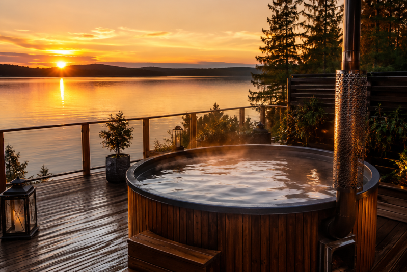 un jacuzzi fumant trône sur une terrasse en bois surplombant un lac paisible au coucher du soleil, entouré d'arbres et baigné d'une chaude lumière dorée qui se reflète sur l'eau.