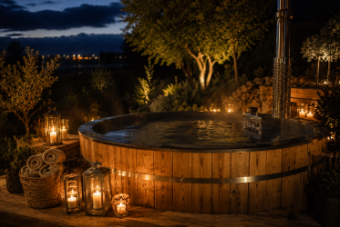 Un jacuzzi en bois à l'extérieur, la nuit, entouré de bougies et de lanternes, avec des serviettes roulées dans un panier et des arbres doucement éclairés à l'arrière-plan. La scène est chaleureuse, accueillante et tranquille.