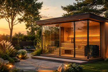 Sauna de jardin vitré en communion avec la nature .