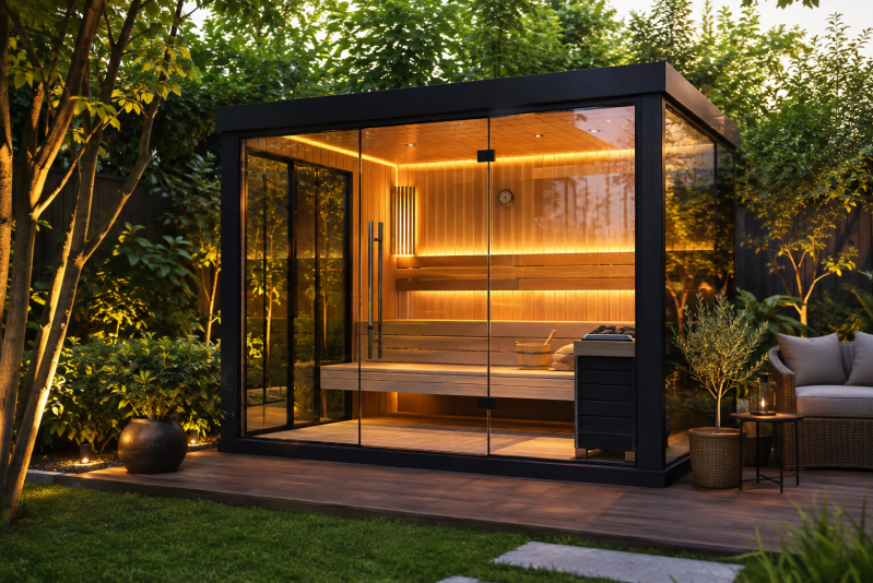Sauna extérieur vitré moderne en bois avec vue panoramique sur le jardin