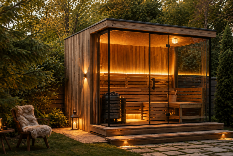 Sauna de jardin vitré panoramique en bois avec éclairage intérieur chaleureux