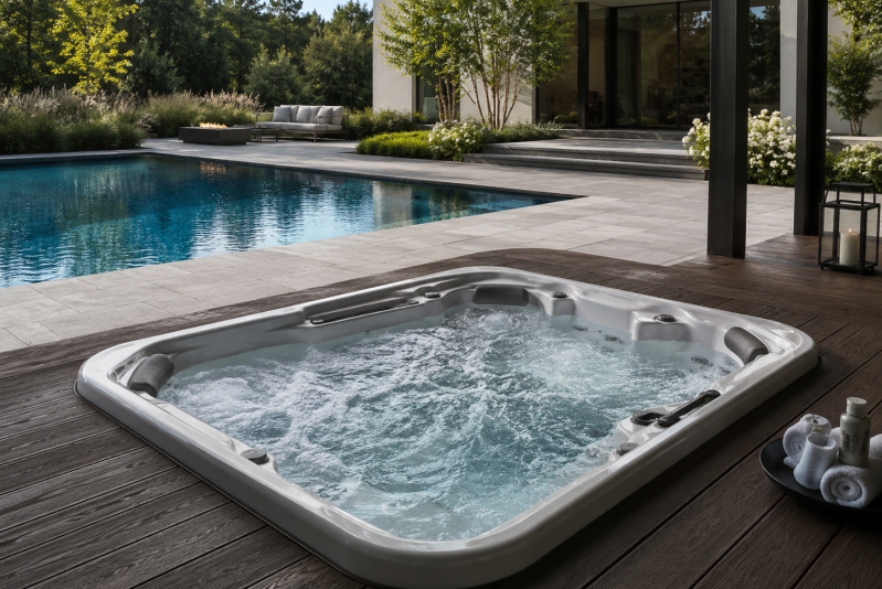 Un jacuzzi moderne en plein air, dont l'eau bouillonne, est installé sur une terrasse en bois illustrant l'éclairage de spa extérieur