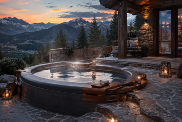 Éclairage spa extérieur. Un jacuzzi rond en plein air, installé sur une terrasse en pierre, donne sur un paysage de montagne au coucher du soleil ; des lumières tamisées et des bougies créent une ambiance chaleureuse et accueillante près d'un chalet rustique en bois.