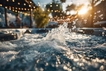 Gros plan sur des bulles et des éclaboussures d'eau dans un spa de nage à louer en extérieur, avec la lumière chaude du soleil et des guirlandes lumineuses en arrière-plan, créant une atmosphère festive et relaxante.